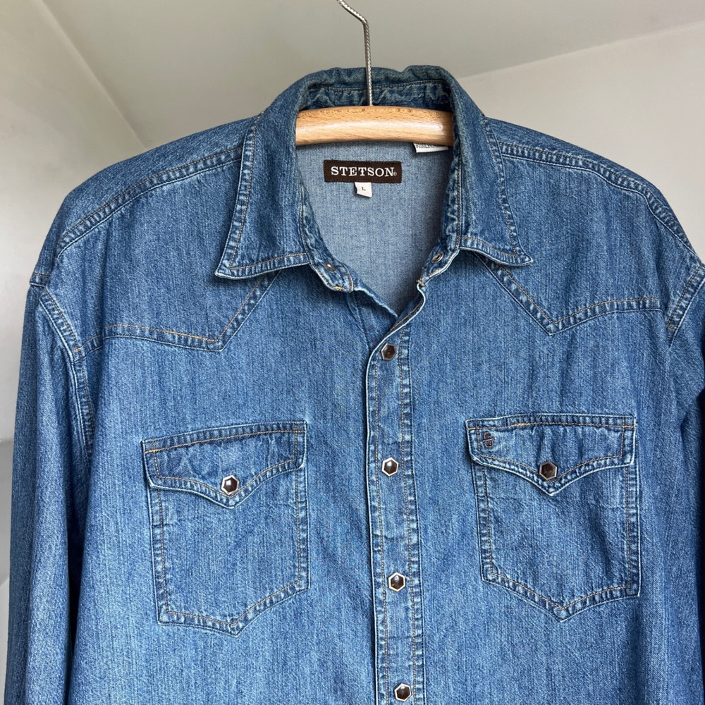 Stetson Denim Western Shirt L Blue Pearl Snap Long Sleeve Cotton Cowboy Workwear